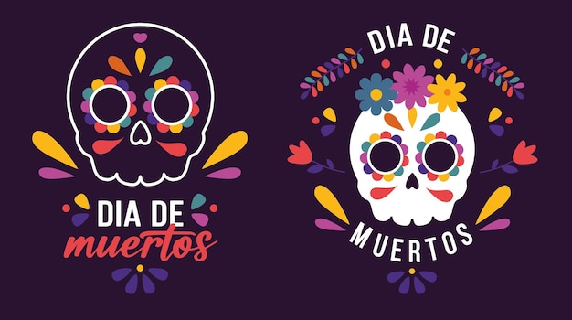 Vector logotipo del día de los muertos, calavera mexicana con adornos y flores con fondo morado