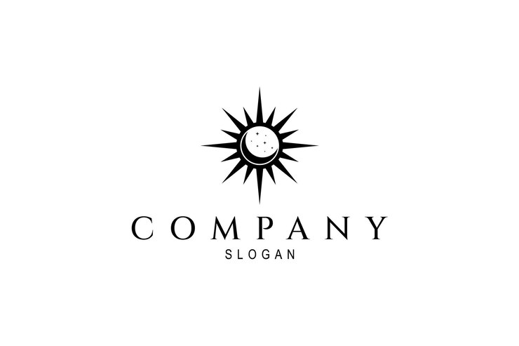 Logotipo de día y noche con sol, luna y estrellas.