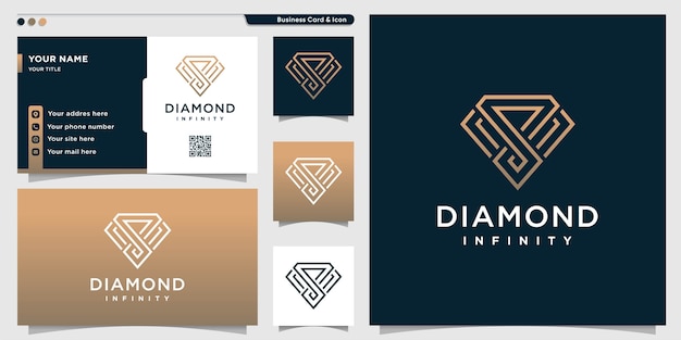 Logotipo de diamante con estilo de arte de línea infinita dorada y tarjeta de visita