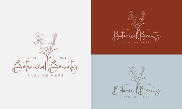 Logotipo dibujado a mano con elemento floral botánico vectorial con logotipo de hojas de flores silvestres para cosmética femenina