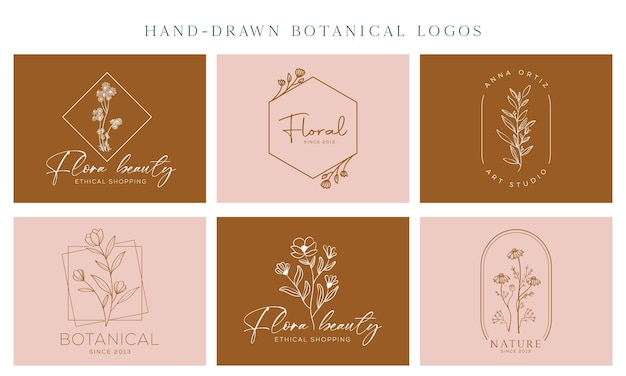 Logotipo dibujado a mano con elemento floral botánico vectorial con logotipo de hojas de flores silvestres para femenino y cosmético