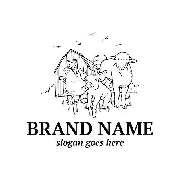 Vector logotipo dibujado a mano con pollo de cabra y cerdo vector de logotipo animal para granja