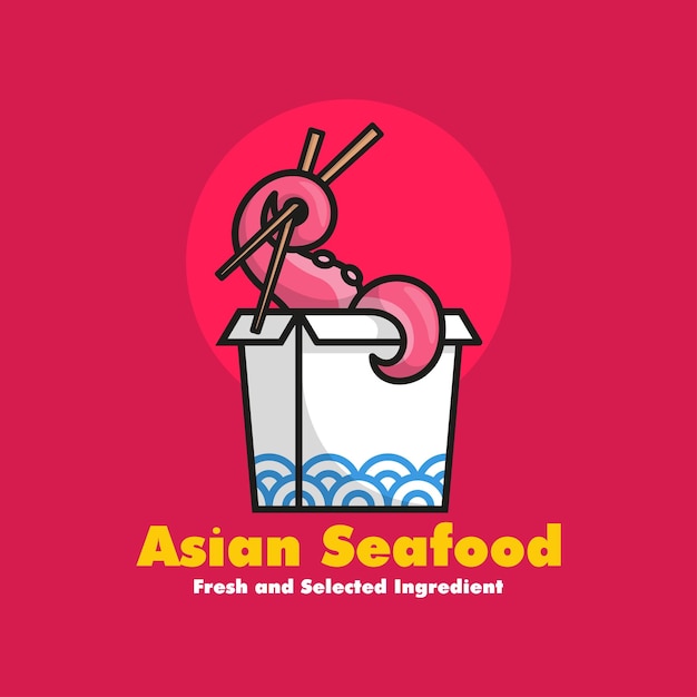 Logotipo de dibujos animados de comida asiática con tentáculo de pulpo está sosteniendo palillos