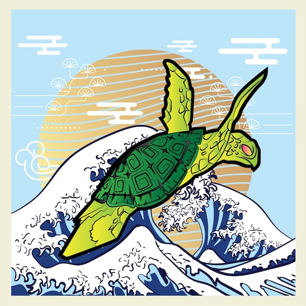 Logotipo de diseño de tortugas marinas para sukajan, que en japonés significa tela tradicional