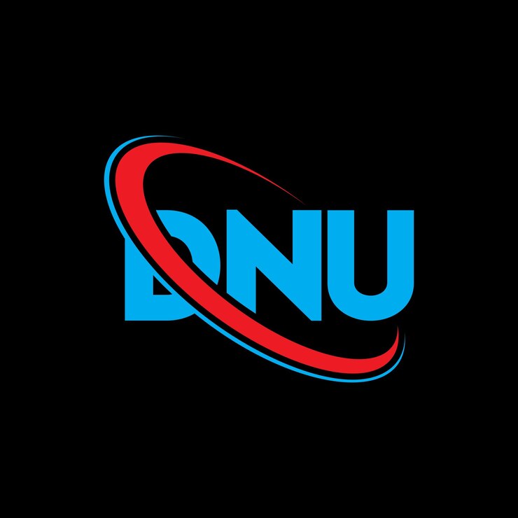 Vector logotipo de dnu: diseño de logotipo de letra dnu: iniciales: logotipo dnu vinculado con círculo y monograma en mayúscula: logotipo dnu: tipografía para negocios tecnológicos y marca inmobiliaria.