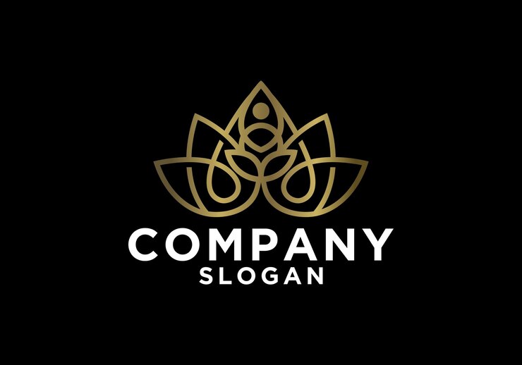 Logotipo dorado con una flor de loto sobre un fondo negro