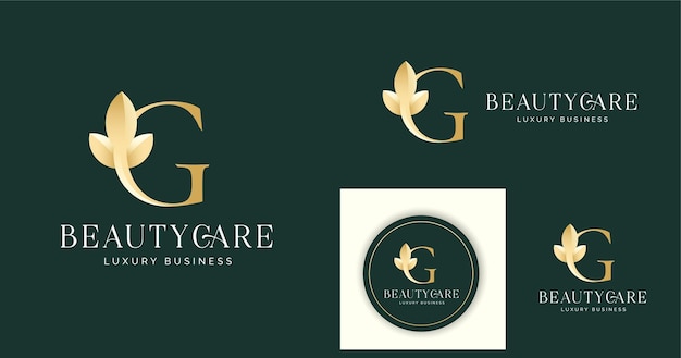 Logotipo dorado de la letra G con diseño de icono de hoja de loto
