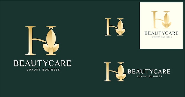 Logotipo dorado de la letra H con diseño de icono de hoja de loto