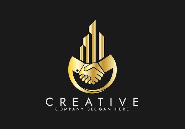El logotipo dorado del negocio inmobiliario con el vector del apretón de manos