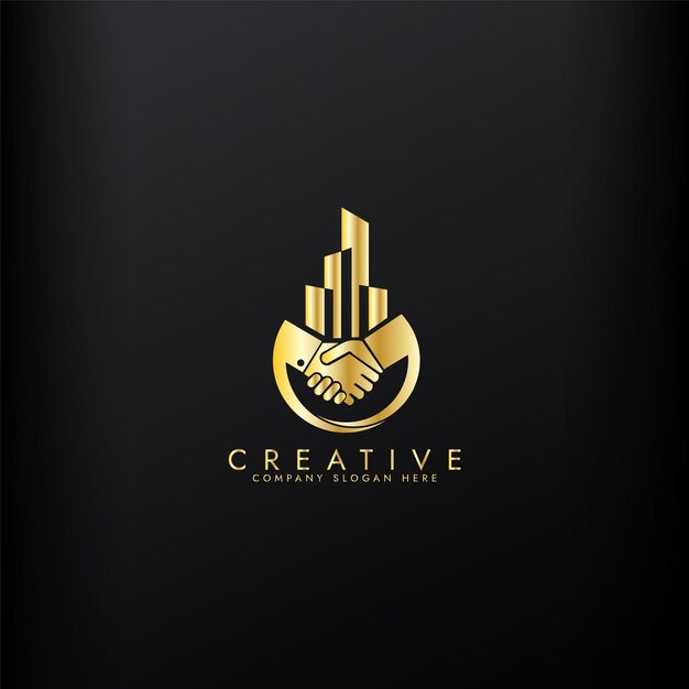El logotipo dorado del negocio inmobiliario con el vector del apretón de manos