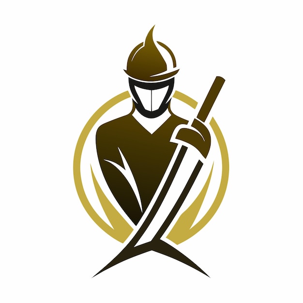un logotipo dorado y negro con un hombre sosteniendo una espada