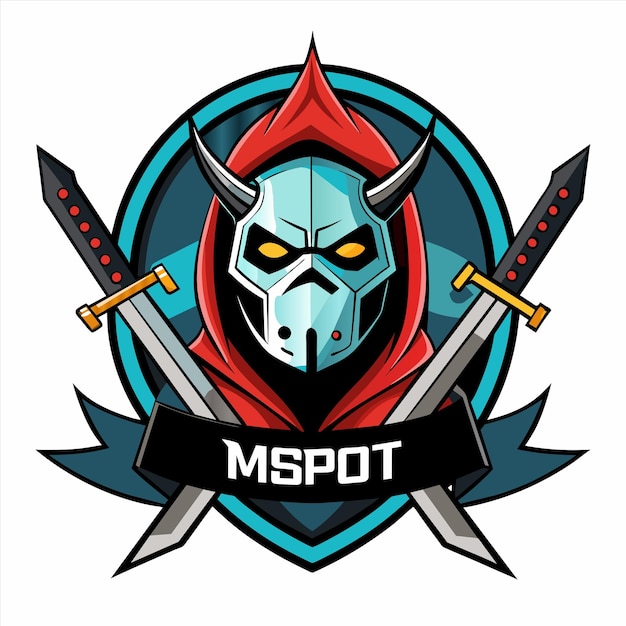 un logotipo de dragón azul y rojo con una espada y espadas en él