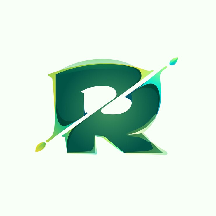 Vector logotipo eco de la letra r con hojas verdes y efecto de cambio de color de distorsión diagonal vector ecológico