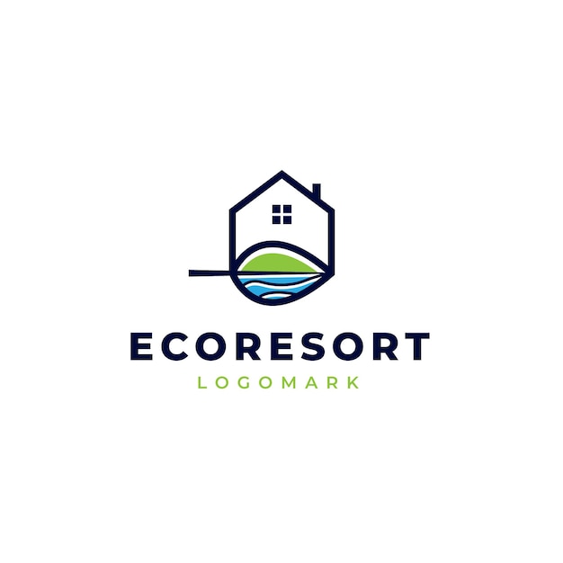 Vector logotipo de eco resort con ilustración de montaña y lago