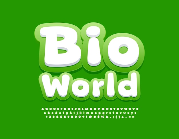 Logotipo ecológico vectorial Bio Mundo. Fuente creativa. Conjunto de letras y números del alfabeto moderno