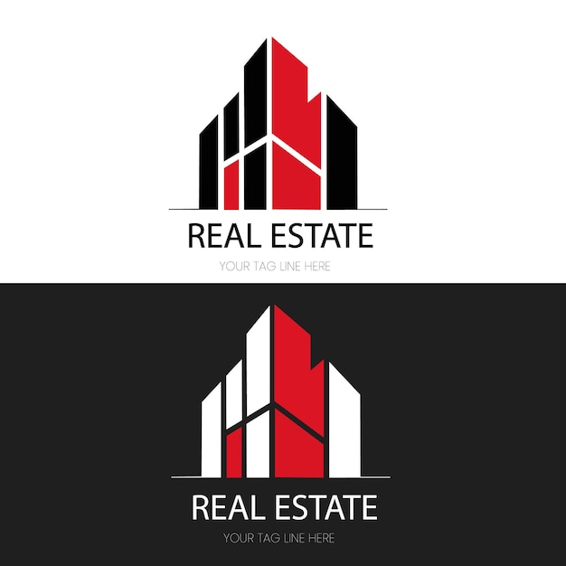 logotipo de edificio abstracto logotipo negro y rojo para bienes raíces