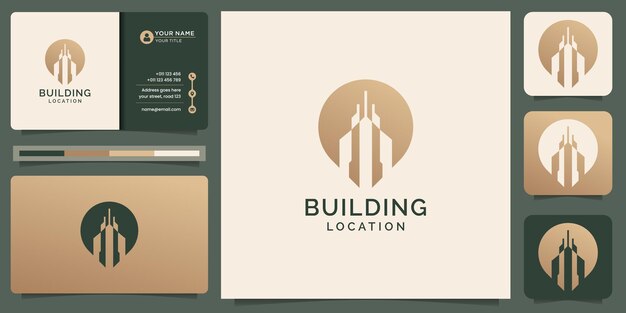 El logotipo del edificio creativo combinó el símbolo del pin de ubicación, oro, constructor, punto, elemento de diseño y plantilla de tarjeta de visita. Vector premium