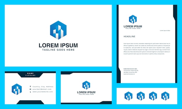 logotipo de edificio hexagonal con tarjeta de visita y membrete