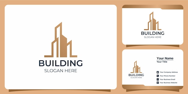 Logotipo de edificio minimalista con diseño de logotipo de estilo de arte lineal y plantilla de tarjeta de visita