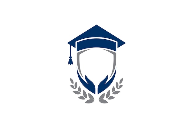 Logotipo de educación con escudo de sombrero de toga y decoración de hojas adecuado para la escuela universitaria del campus y la graduación