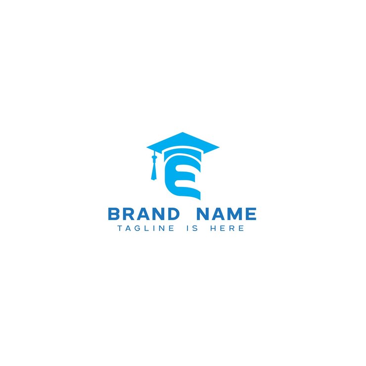 Logotipo de educación con letra E y gorra de graduación.