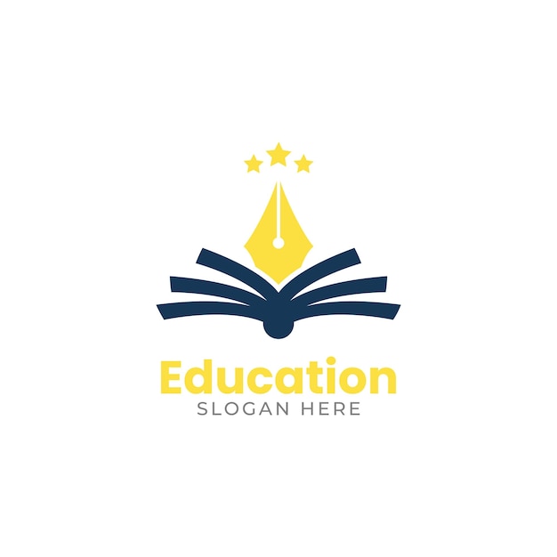 Logotipo de educación del libro, lápiz, sol, personas, plantilla de vector de sombrero de graduación.