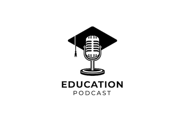 Logotipo de educación de podcast o curso vocal. Ilustración de sombrero de toga con micrófono retro.