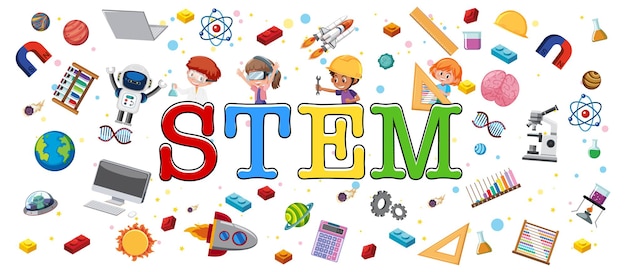 Logotipo de educación STEM colorido con elementos de aprendizaje