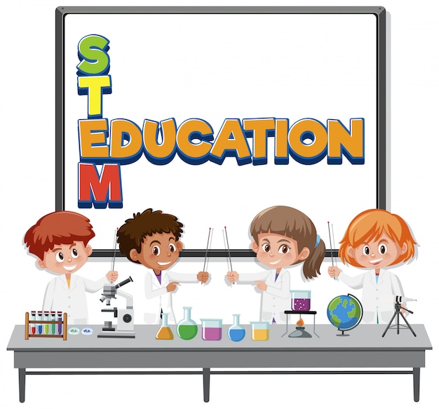 Logotipo de educación de tallo y niños con traje de científico aislado