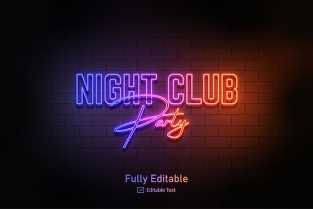 Logotipo de efecto de neón para efecto de texto de neón y efecto de texto editable de fiesta nocturna con luz de neón y club nocturno