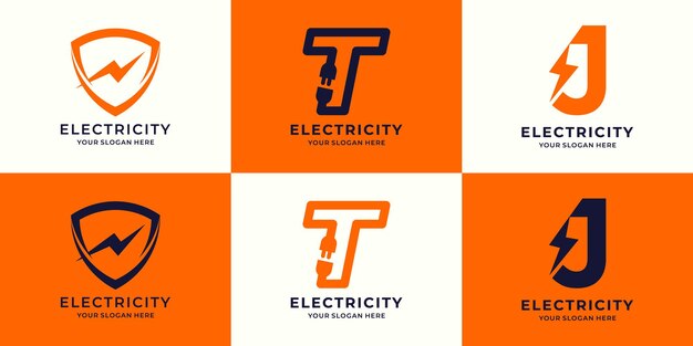 Logotipo eléctrico del rayo del enchufe de la letra t del escudo del flash