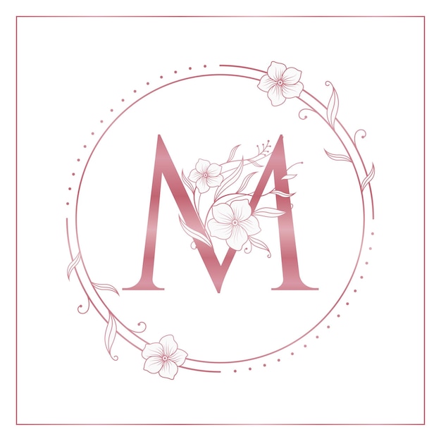 Logotipo elegante de círculo floral de oro rosa M