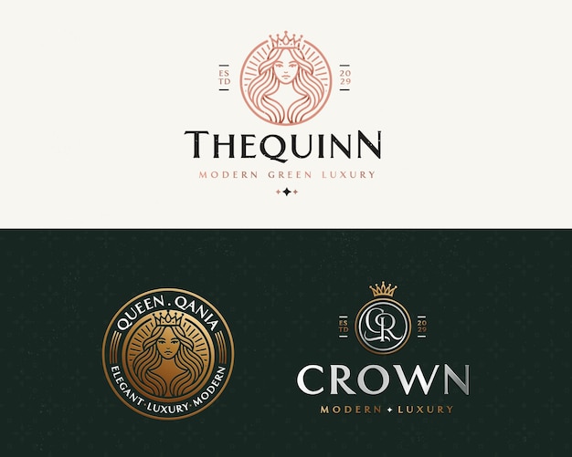 Logotipo de la elegante corona de la reina de lujo para la marca de cosméticos, hoteles y joyas.