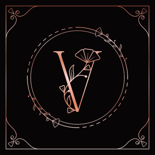 Vector logotipo elegante floral con letra v de oro rosa