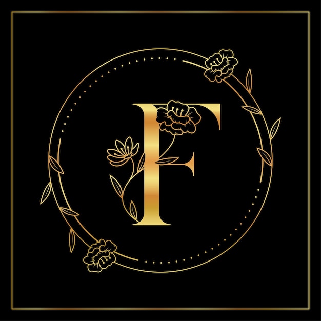 Vector logotipo elegante y de lujo floral dorado de la letra f