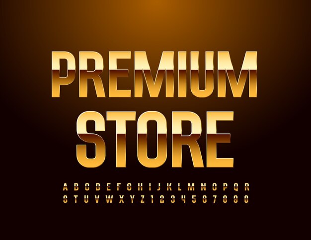 Logotipo elegante premium store glossy elite font conjunto de letras y números del alfabeto dorado