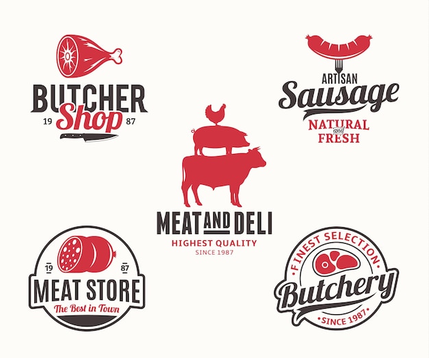 El logotipo y los elementos de diseño de la carnicería y los productos a base de carne