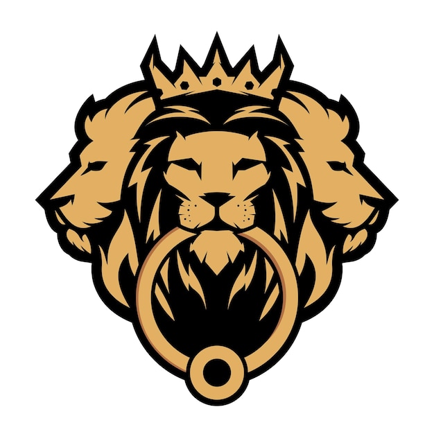 Logotipo del emblema de la cabeza de 3 leones con un león mirando hacia adelante mordiendo el golpe de la puerta