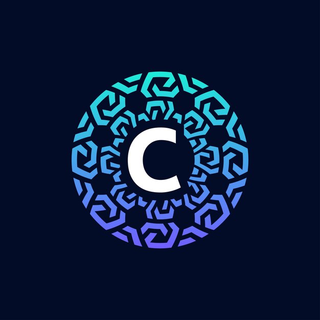 Logotipo del emblema del círculo de conexión de la tecnología del alfabeto C de la letra inicial moderna y audaz
