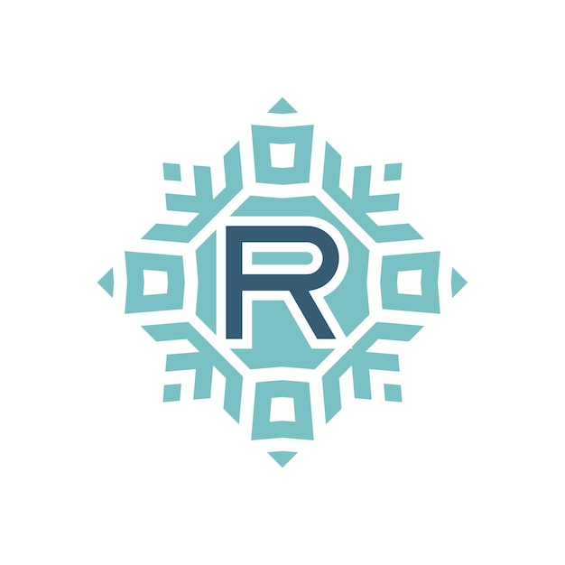 Logotipo de emblema cuadrado de copo de nieve abstracto de letra inicial R