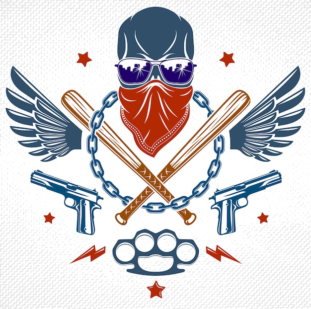 Logotipo del emblema de gángster o tatuaje con bates de béisbol de calavera agresivos y otras armas y elementos de diseño, vector, estilo vintage del ghetto criminal, anarquía de gángsters o tema de la mafia.