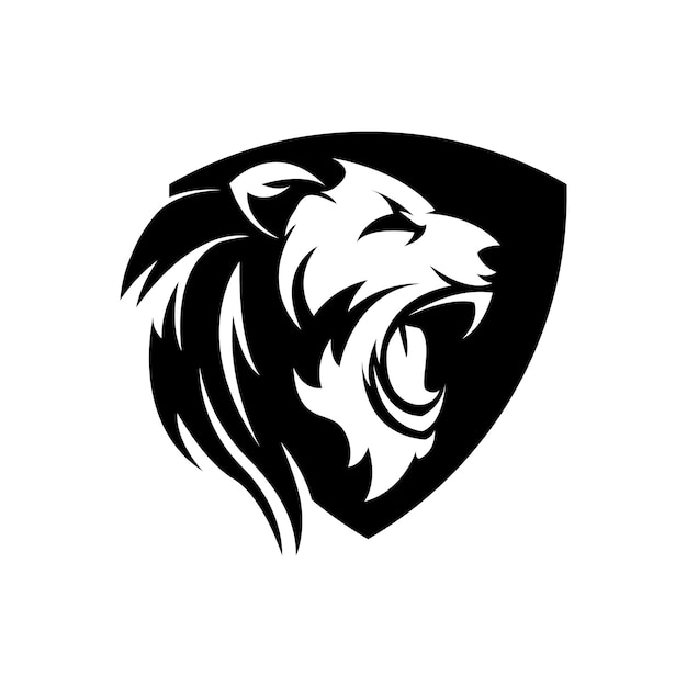 Logotipo del emblema del león en color blanco y negro con combinación de escudo