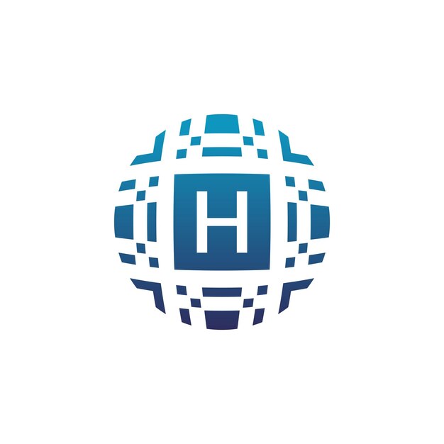 Logotipo de emblema de píxel electrónico de tecnología digital de círculo de letra inicial H
