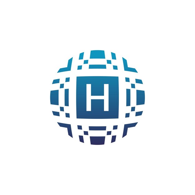 Logotipo de emblema de píxel electrónico de tecnología digital de círculo de letra inicial H