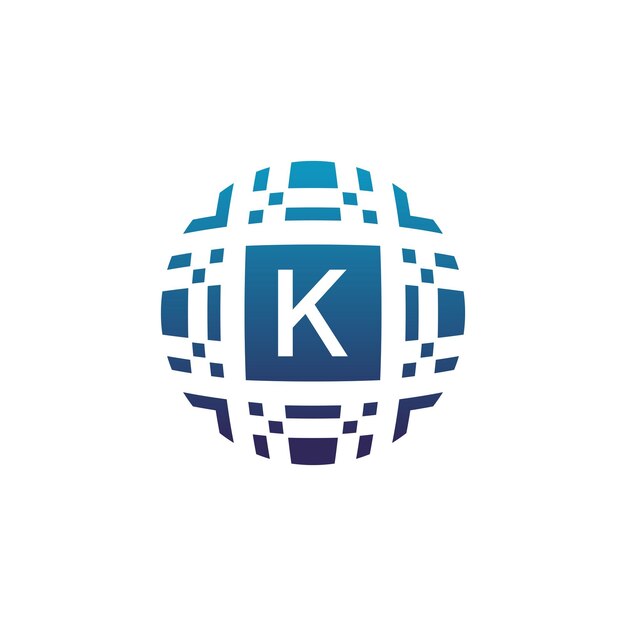 Logotipo de emblema de píxel electrónico de tecnología digital de círculo de letra inicial K