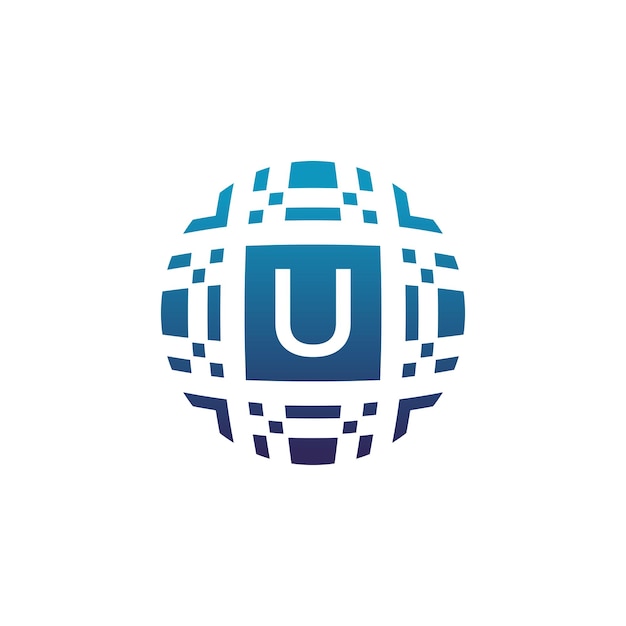 Logotipo de emblema de píxel electrónico de tecnología digital de círculo de letra inicial U