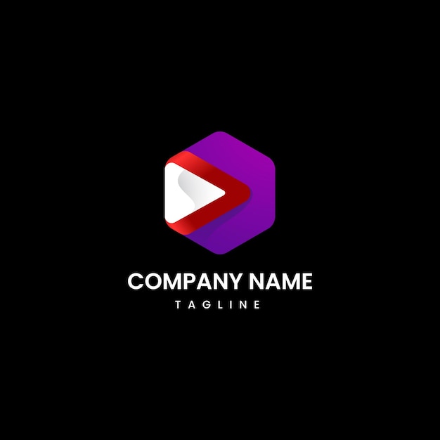 Logotipo de la empresa basado en hexágono y botón de reproducción con icono
