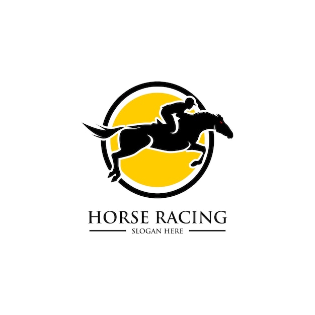 Vector logotipo para una empresa de carreras de caballos con un jinete y un círculo con las palabras carreras de caballos