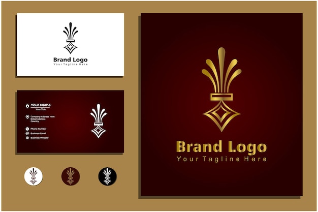 Logotipo de la empresa comercial ornamento dorado con tarjeta de visita