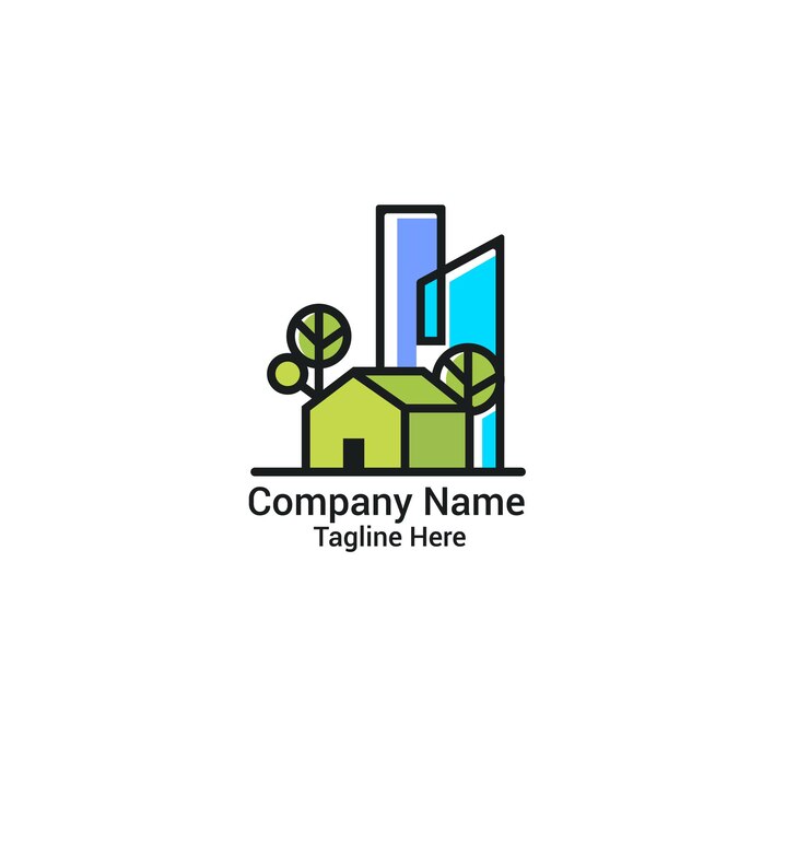 Logotipo para una empresa inmobiliaria con un edificio y árboles.